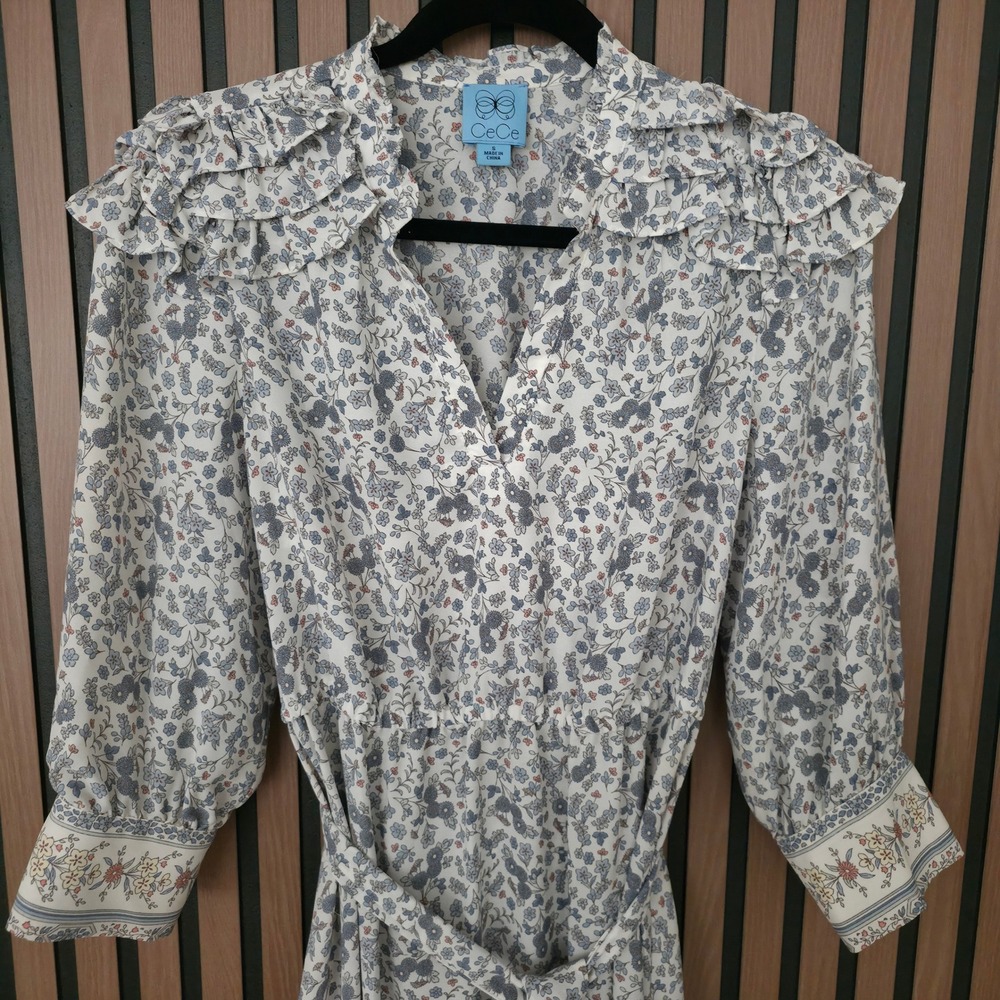 Cece Long Sleeve Maxi Dress Womens Small Blue Floral Ruffle Collar Smocked Waist - Picture 4 of 12